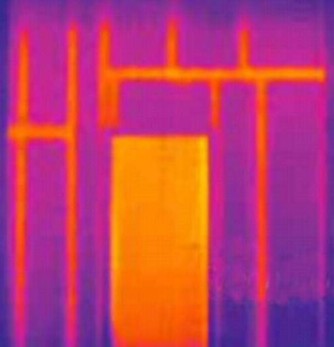As is shown in this thermal image, in properties where the continuity of the insulation is not maintained, heat loss can be clearly identified across any thermal bridges such as structural timbers, door frames window frames etc.